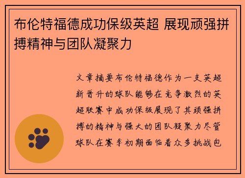 布伦特福德成功保级英超 展现顽强拼搏精神与团队凝聚力