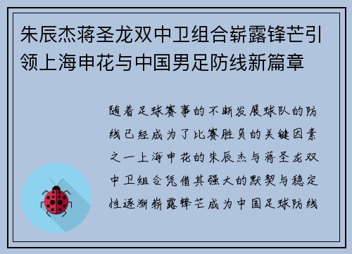 朱辰杰蒋圣龙双中卫组合崭露锋芒引领上海申花与中国男足防线新篇章